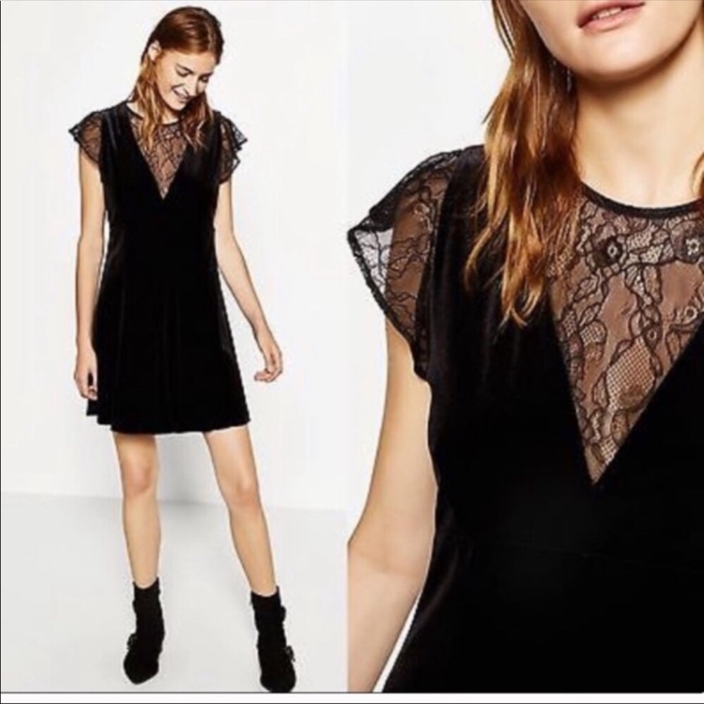 Zara Black Velvet Dress with Lace Inserts